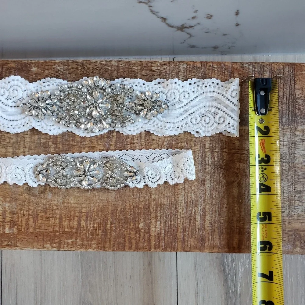 Bridal Garter Set White Rhinestone Crystal Lace Wedding 2 Piece Set Prom - Picture 5 of 5